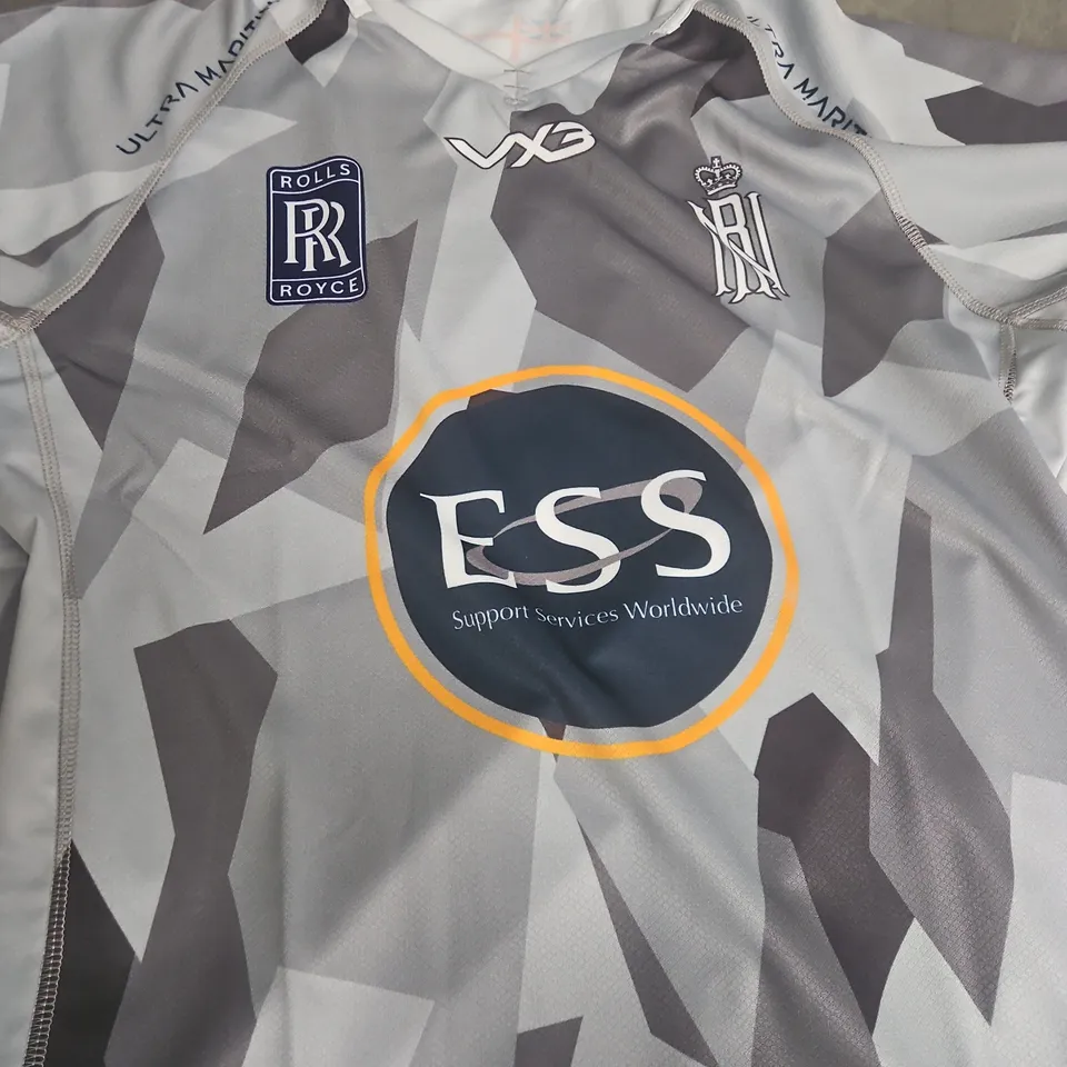Rolls-Royce-branded football jersey with ESS sponsor – grey camouflage