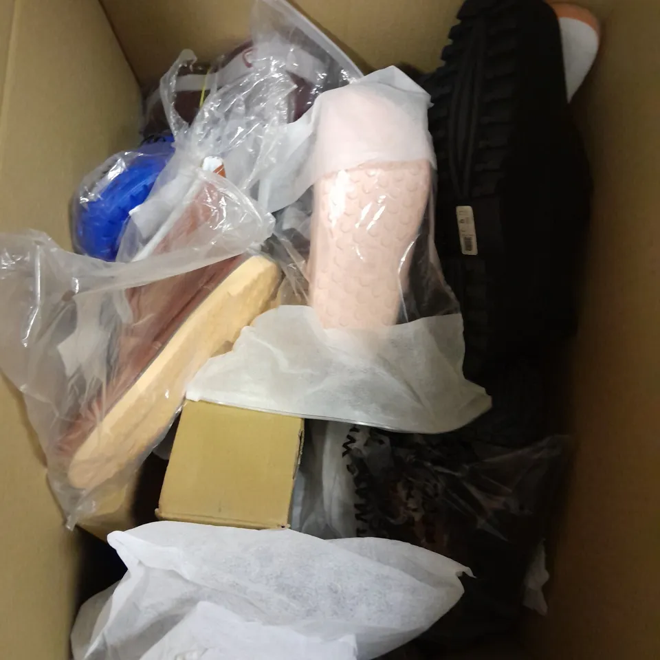 BOX OF APPROXIMATELY 10 PAIRS OF ASSORTED SHOES IN VARIOUS COLOUR, STYLES AND SIZES