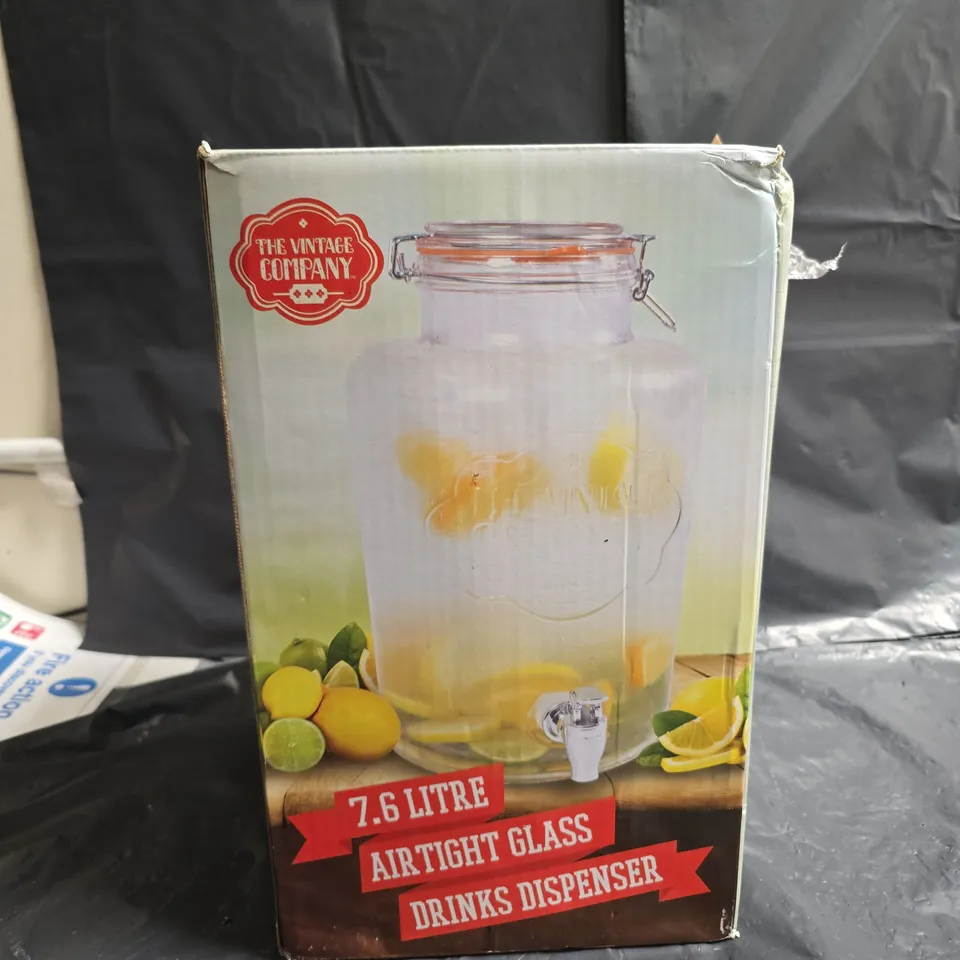 THE VINTAGE COMPANY 7.6 LITRE AIRTIGHT GLASS DRINKS DISPENSER