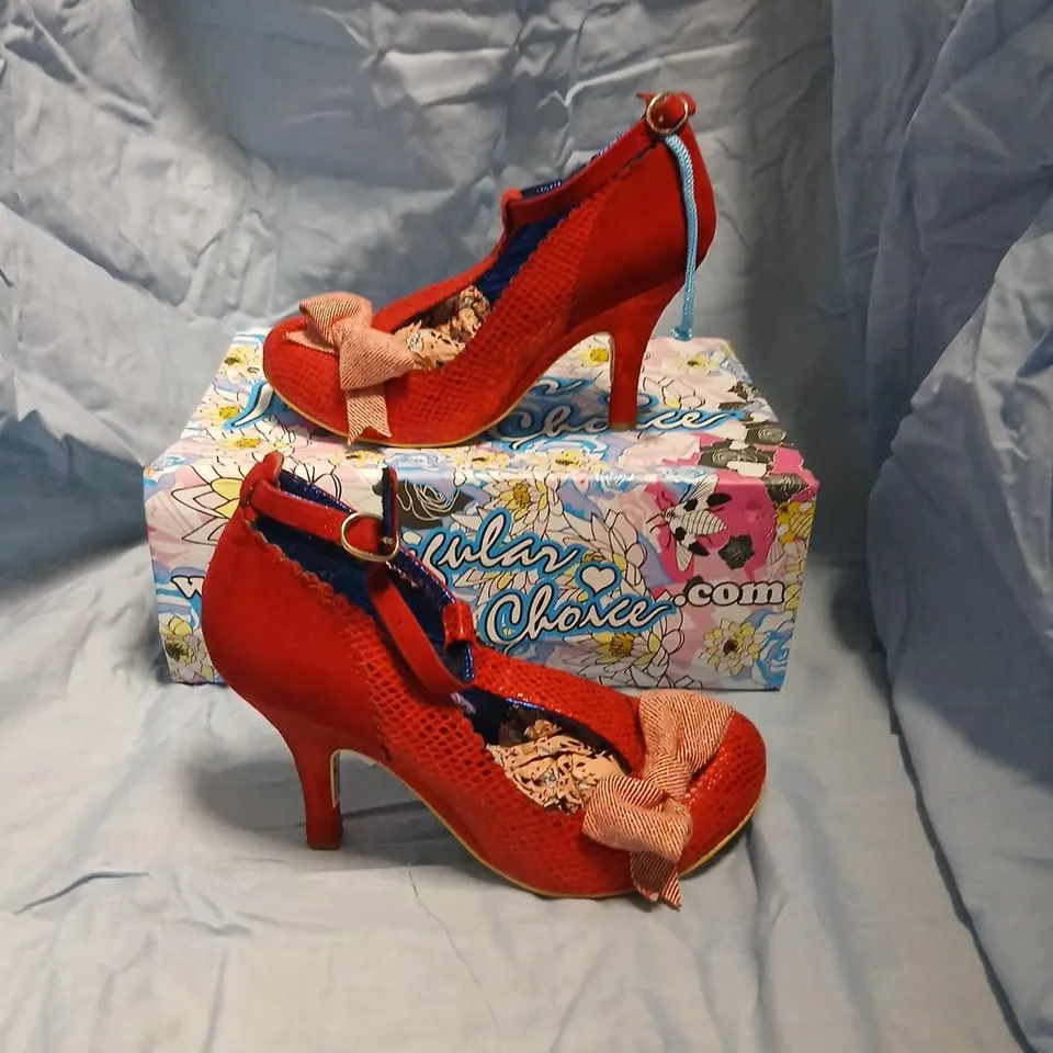 BOXED IRREGULAR CHOICE BLOXY RED MESH HIGH HEELS WITH BOW, UK 8