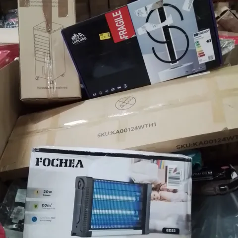 PALLET CONTAINING VARIOUS ASSORTED BOXED HOUSEHOLD ITEMS TO INCLUDE: BUG ZAPPER, AIR COOLER, WINDOW F8LM, POP UP TENT, VACUUM AND LOTS MORE UNMARKED BOXED ITEMS