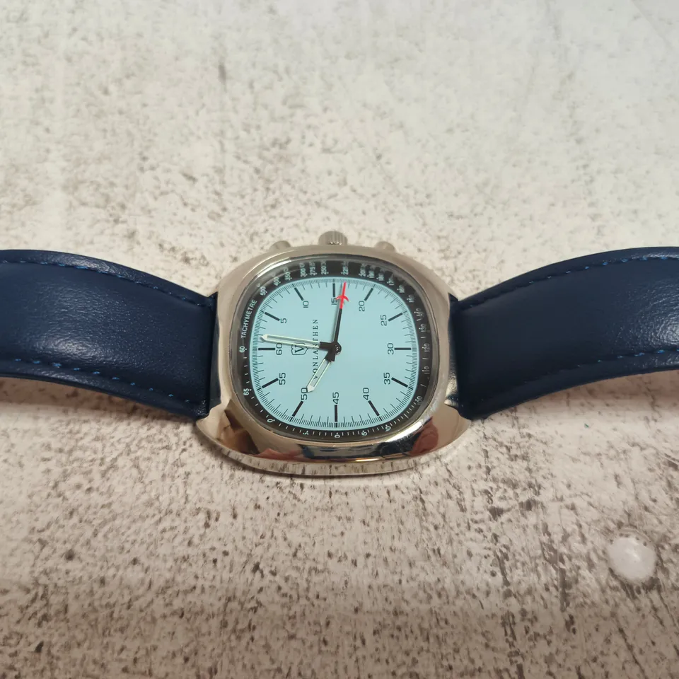 VONLANTHEN WRISTWATCH WITH LIGHT BLUE DIAL, STAINLESS STEEL CASE, BLUE LEATHER STRAP – BOXED