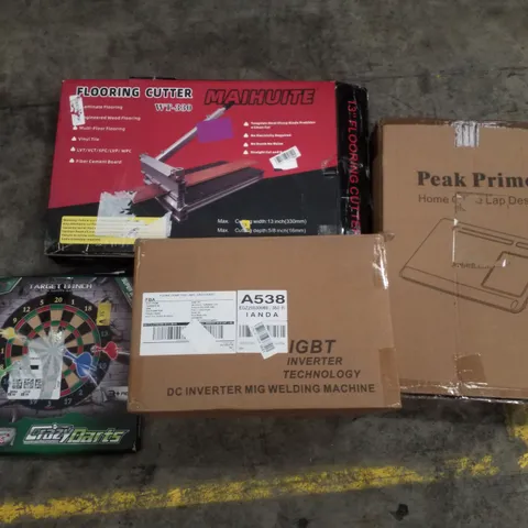 PALLET CONTAINING ASSORTED PRODUCTS INCLUDING FLOORING CUTTER, CD INVERTER MIG WELDING MACHINE, CRAZYDARTS DART BOARD & HOME OFFICE LAP DESK