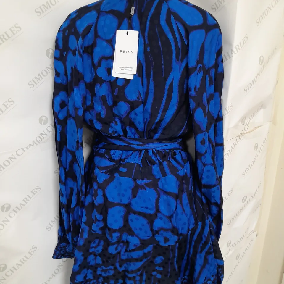 REISS PLUNGE TIE WAIST RUFFLE HEM MINI DRESS IN BLUE/NAVY SIZE 10 RRP £228