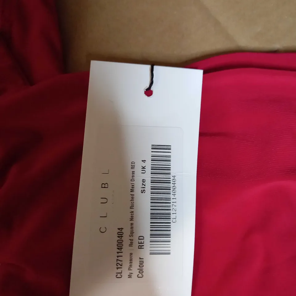 CLUB L RED QUARE NECK RUCHED MAXI DRESS - SIZE 4