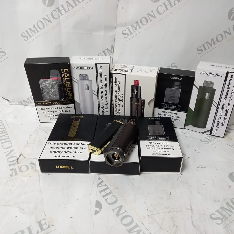 BOX OF APPROXIMATELY 10 ASSORTED E-CIG PRODUCTS TO INCLUDE UWELL CALIBURN, INNOKIN, VOOPOO 