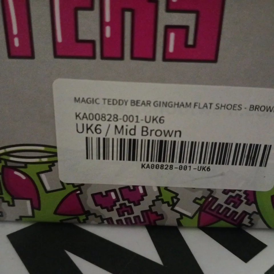 BOXED PAIR OF KOI MAGIC TEDDY BEAR GINGHAM FLAT SHOES – UK SIZE 6, MID BROWN 