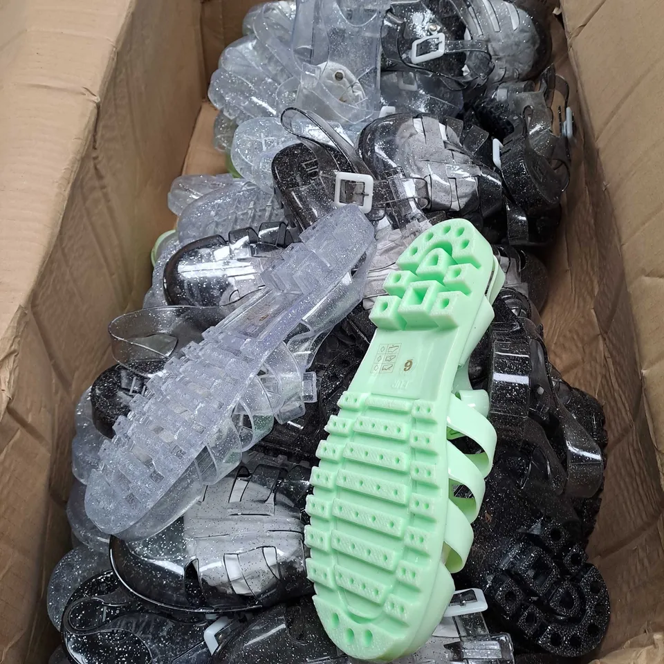 BOX OF APPROX 40 PAIRS OF LINZI JELLY SANDALS IN ASSORTED COLOURS AND SIZES