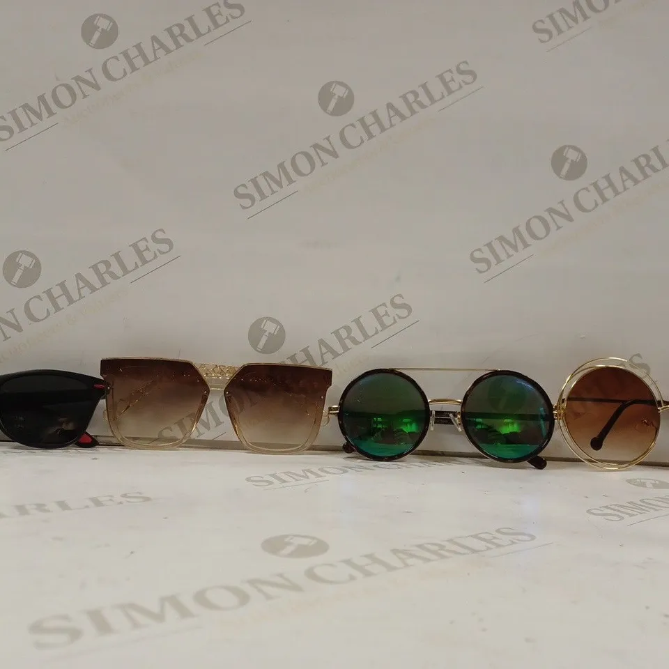 BOX OF APPROX 20 ASSORTED ITEMS TO INCLUDE - UNBRANDED ROUND SPIRAL BRONZE GLASSES - UNBRANDED ROUND TINTED GREEN & BLUE GLASSES - UNBRANDED BLACK & RED SUNGLASSES ECT