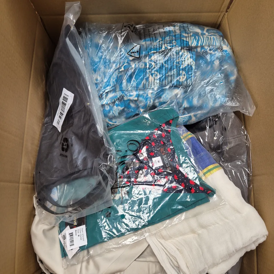 LARGE BOX OF ASSORTED CLOTHING ITEMS IN VARIOUS SIZES, STYLES AND COLOUR 