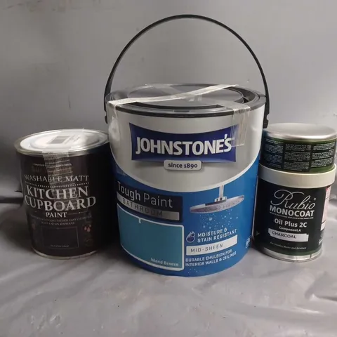 APPROXIMATELY 6 ASSORTED ITEMS TO INCLUDE - JOHNSTONES MID SHEEN , MONOCOAT OIL PLUS 2C , KITCHEN CUPBOARD PAINT ETC