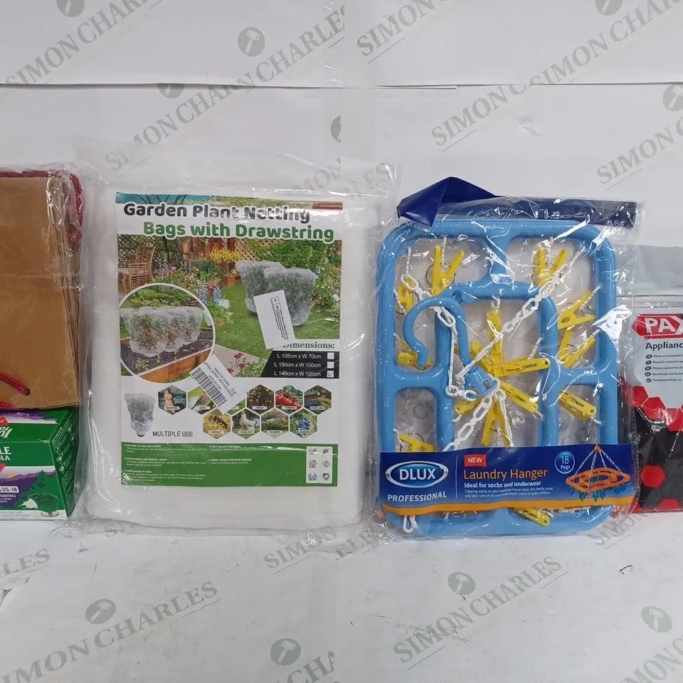 BOX OF APPROX 25 ASSORTED ITEMS TO INCLUDE - GARDEN PLANT NETTING BAGS WITH DRAWSTRINGS - JUNGLE FORMULA 2 PIN PLUG-IN - DLUX LAUNDRY HANGER ECT