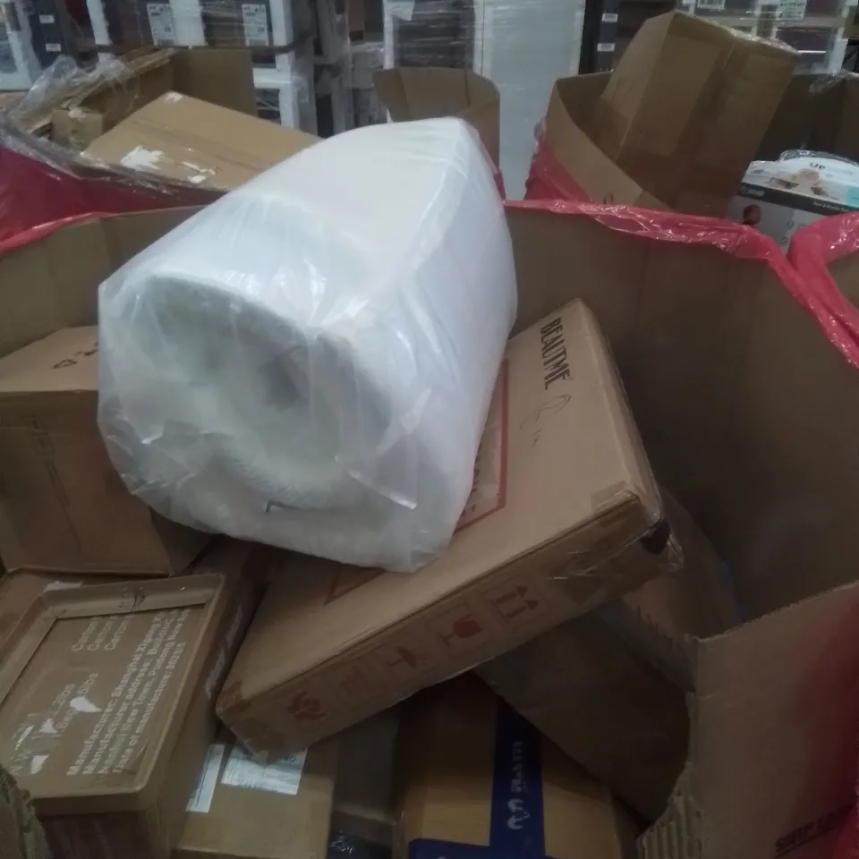 PALLET OF ASSORTED HOUSEHOLD GOODS AND FURNITURE TO INCLUDE; RADIENT CEILING HEATER, BABY PLAYPEN, LYEFANCY SCOOTER ETC 