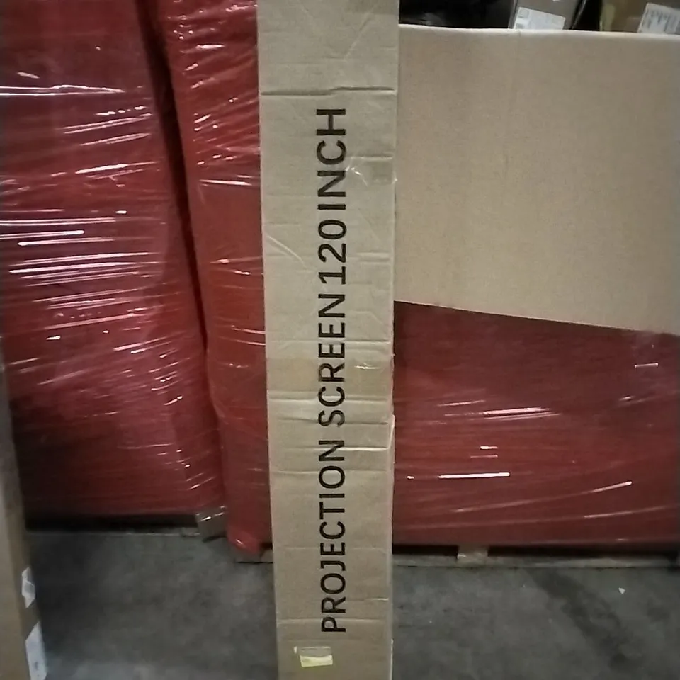 PALLET OF HOUSEHOLD ITEMS TO INCLUDE COMPUTER DESKS, WALL MOUNTED MIRROR, PROJECTION SCREEN 120INCH  AND OTHER ASSORTED ITEMS...
