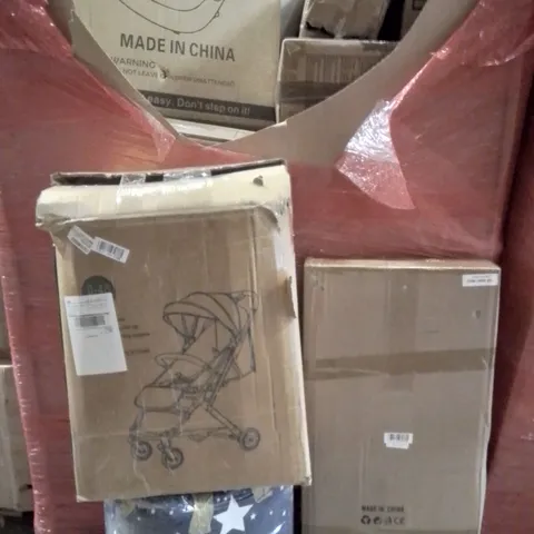 PALLET CONTAINING VARIOUS ASSORTED BOXED HOUSEHOLD ITEMS TO INCLUDE:DUVET COVER, KIDS STROLLER, PLAYPENS, BABY WALKER AND LOTS MORE UNMARKED BOXED ITEMS