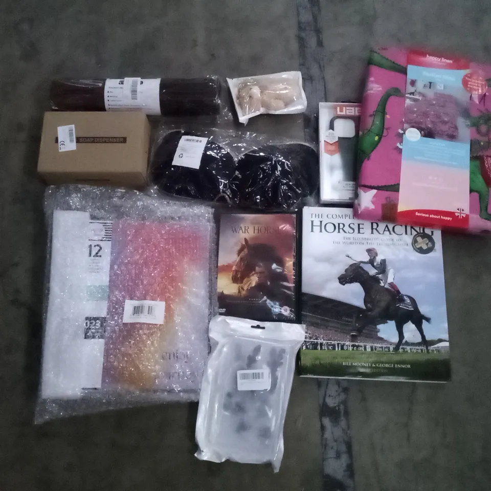 PALLET OF 6 BOXES CONTAINING ASSORTED ITEMS INCLUDING WAR HORSE DVD, NIPPLE COVERS, PLACEMATS, PHONE CASE, FESTIVE DINO BEDSHEET, MANUAL SOAP DISPENSER 