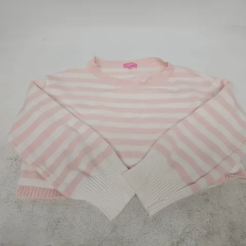 EDIKTED CROP STRIPED KNIT JUMPER – PINK & WHITE, UK SIZE XS