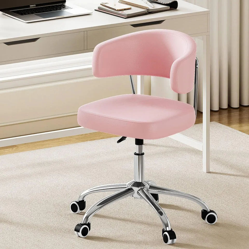 BOXED PU FAUX LEATHER SWIVEL OFFICE CHAIR, HEIGHT ADJUSTABLE ERGONOMIC DESK CHAIR, ARMLESS VANITY CHAIR, PINK