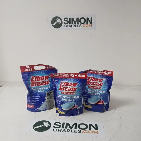 3 X ELBOW GREASE DISHWASHER PRODUCTS INCLUDING TABLETS AND SALT 