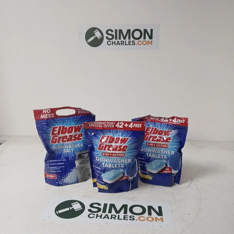 3 X ELBOW GREASE DISHWASHER PRODUCTS INCLUDING TABLETS AND SALT