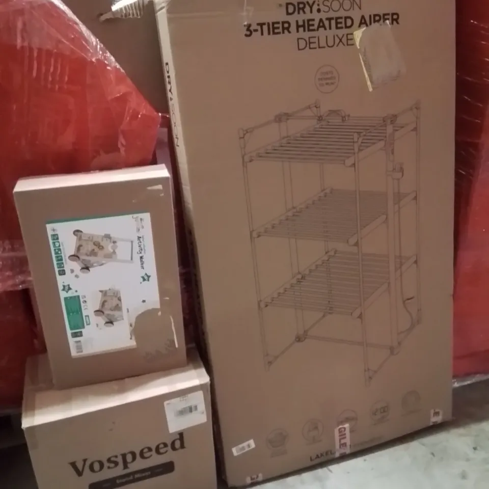 PALLET OF ASSORTED HOUSEHOLD GOODS AND PRODUCTS TO INCLUDE;HEATED AIRER,BABY ACTIVITY WALKER,STAND MIXER