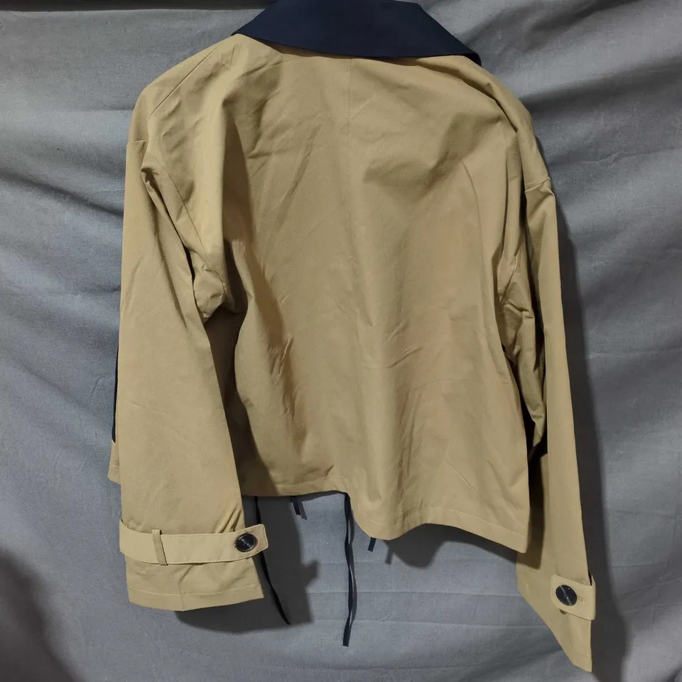 ONLY WOMEN'S ORCHID SHORT BOW COAT – KHAKI WITH NAVY COLLAR, SIZE M