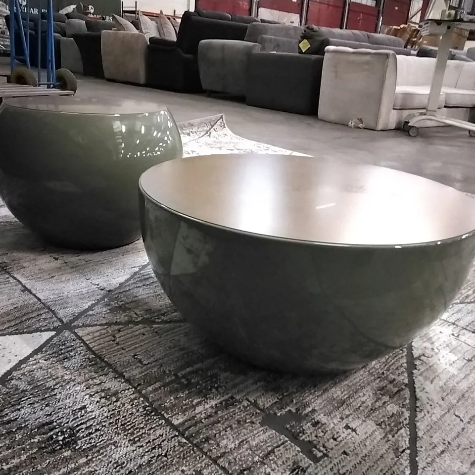 QUALITY ITALIAN MADE MERIDIANI BONGO SAGE MATT LACQUER SIDE TABLE AND LOW TABLE WITH BRONZED BRASS TOP SURFACES
