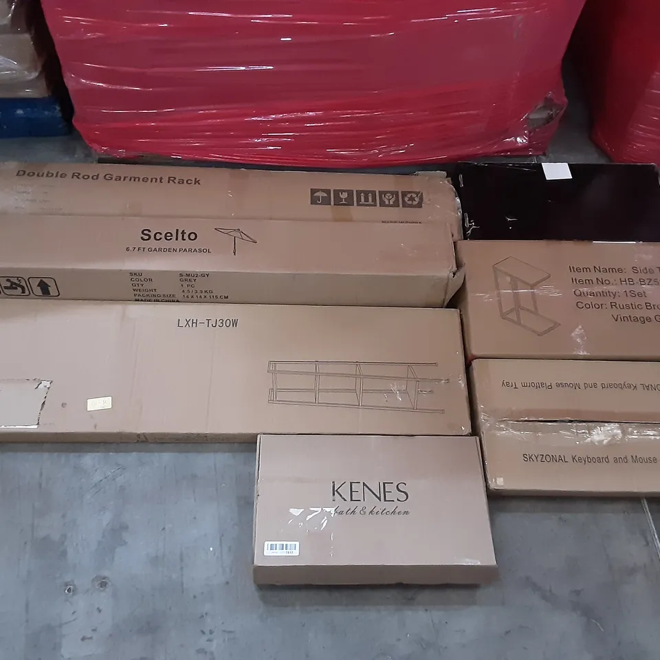 PALLET OF ASSORTED PRODUCTS TO INCLUDE SKELTON 6.7FT GARDEN PARASOL, DOUBLE ROD GARMENT RACK, KEPLIN BUG ZAPPER, SKY ZONAL KEYBOARD AND MOUSE PLATFORM, BAGOTTE JUICE EXTRACTOR, KENES 