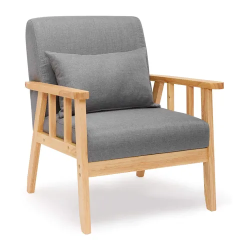 BOXED MEERVEIL ARMCHAIR SOFA LINEN SOLID WOOD FRAME RETRO STYLE WITH CUSHION FOR LOUNGE LIVING ROOM BEDROOM BALCONY OFFICE (LIGHT GRAY)