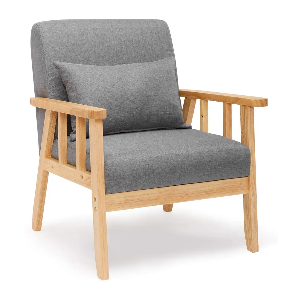 BOXED MEERVEIL ARMCHAIR SOFA LINEN SOLID WOOD FRAME RETRO STYLE WITH CUSHION FOR LOUNGE LIVING ROOM BEDROOM BALCONY OFFICE (LIGHT GRAY)
