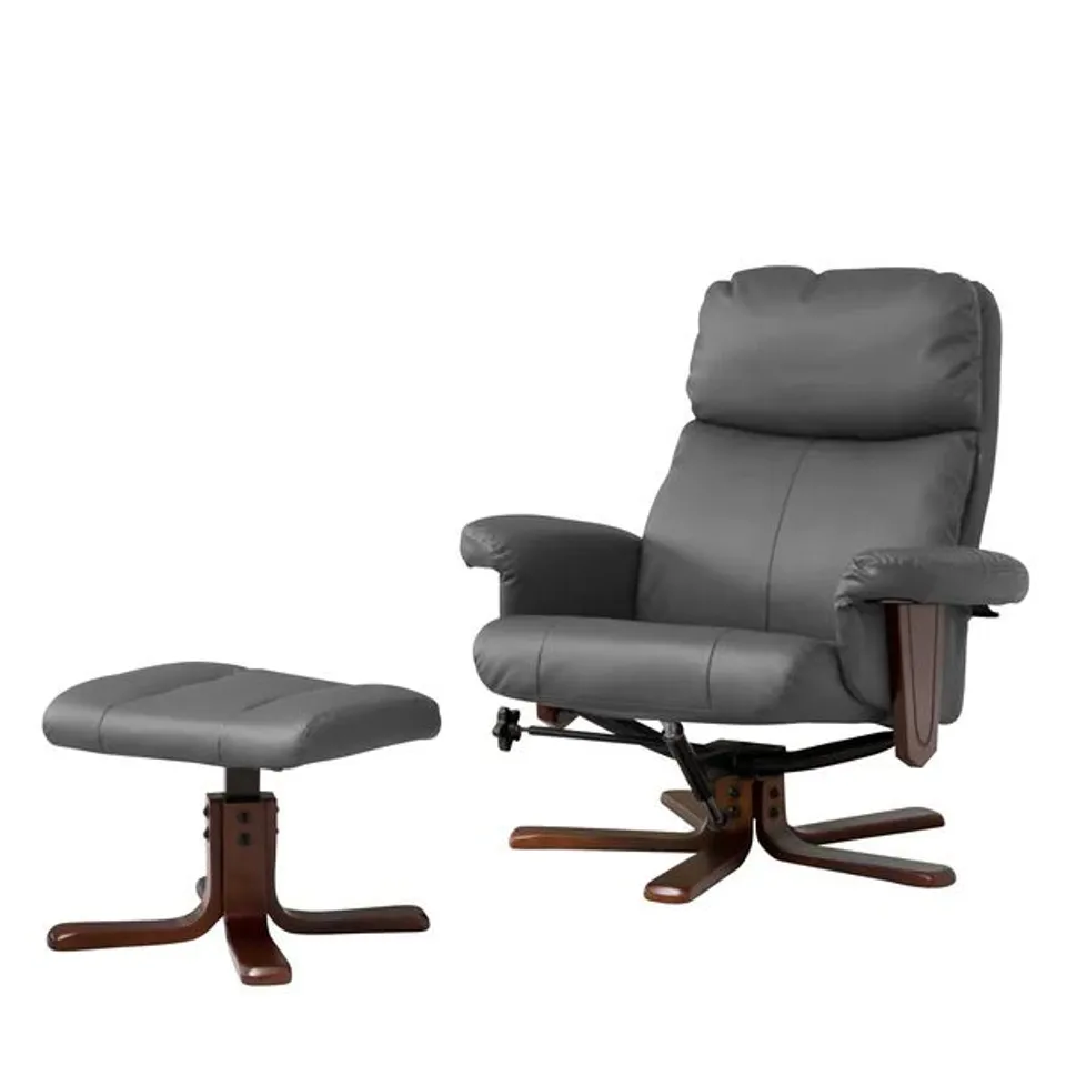 BOXED GREY LEATHER SWIVEL RECLINER CHAIR + STOOL