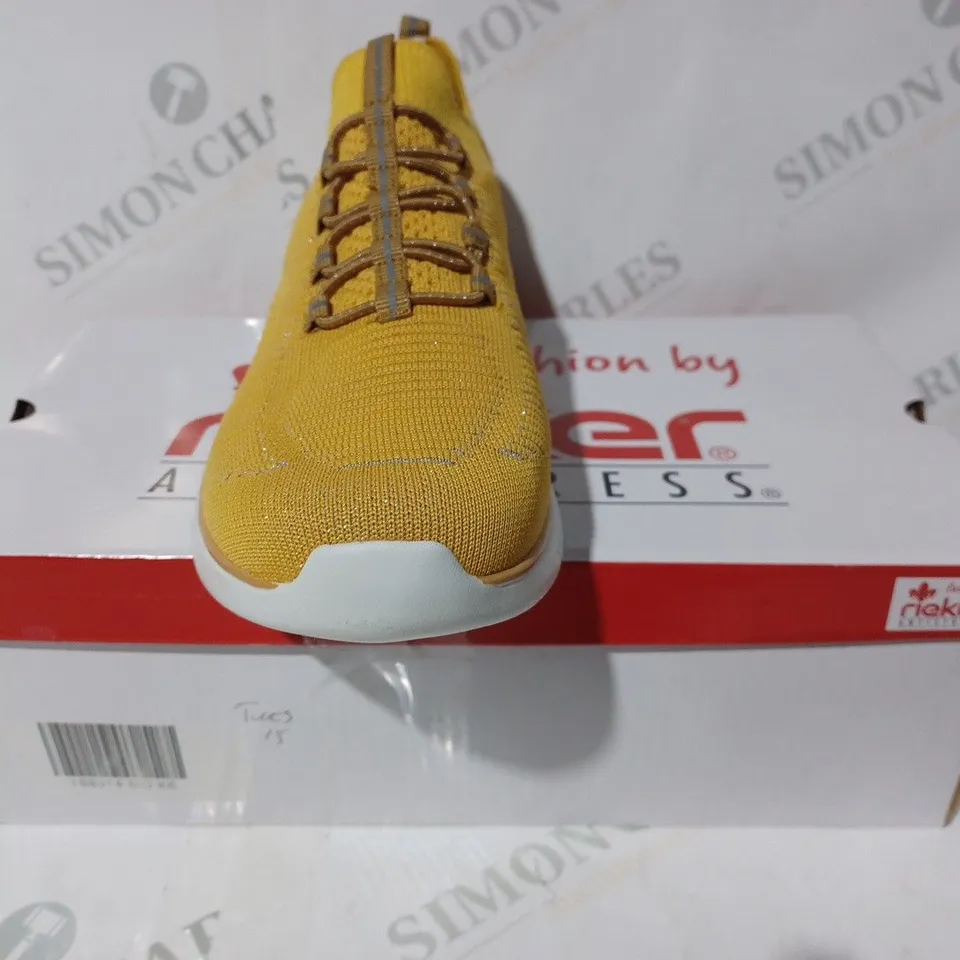 BOXED PAIR OF RIEKER ANTISTRESS TRAINERS IN YELLOW W. GLITTER EFFECT SIZE 6