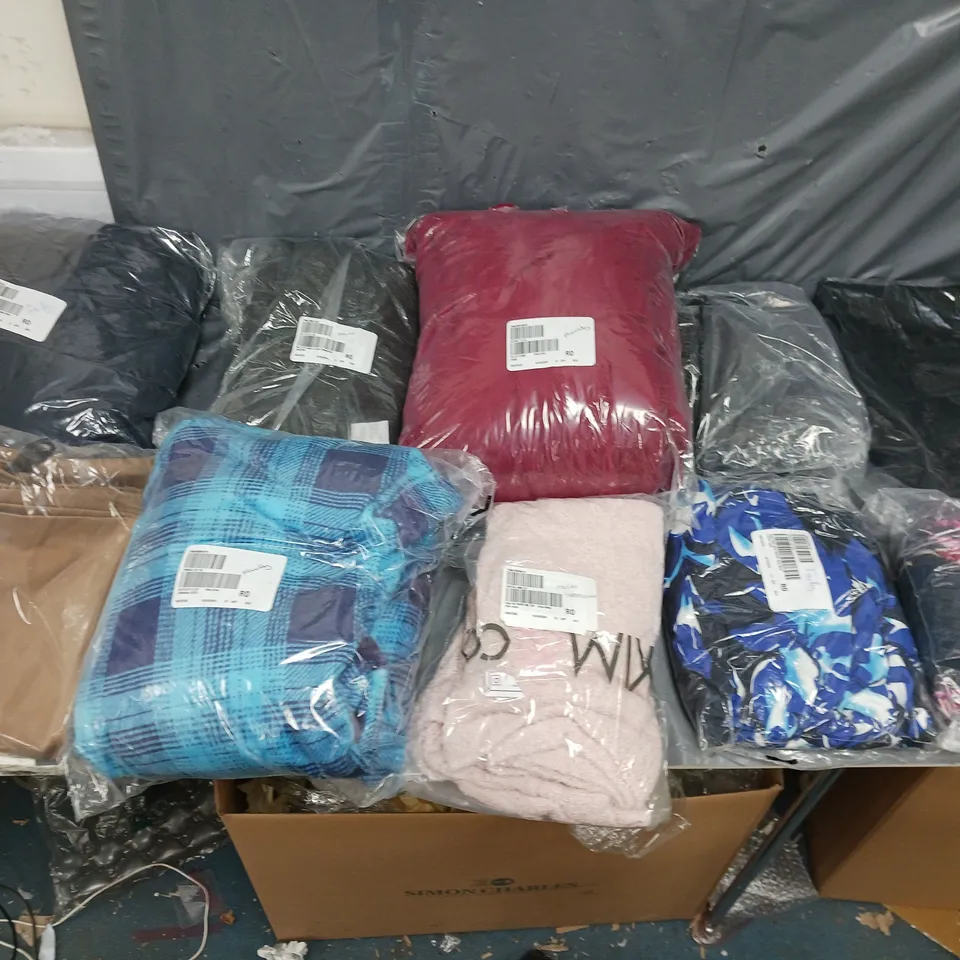 BOX OF APPROXIMATELY 10 ASSORTED PIECES OF CLOTHING IN VARIOUS STYLES, SIZES, AND BRANDS 