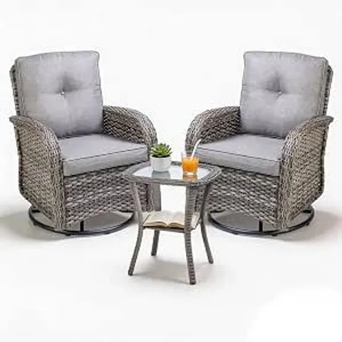 BOXED BIRCHTREE 3 PIECE RATTAN GARDEN FURNITURE SET, 2 SWIVEL ARMCHAIRS WITH MATCHING TABLE, OUTDOOR PATIO SEATING SET WITH CUSHIONS, WEATHER-RESISTANT WICKER GARDEN CHAIRS SET, GREY