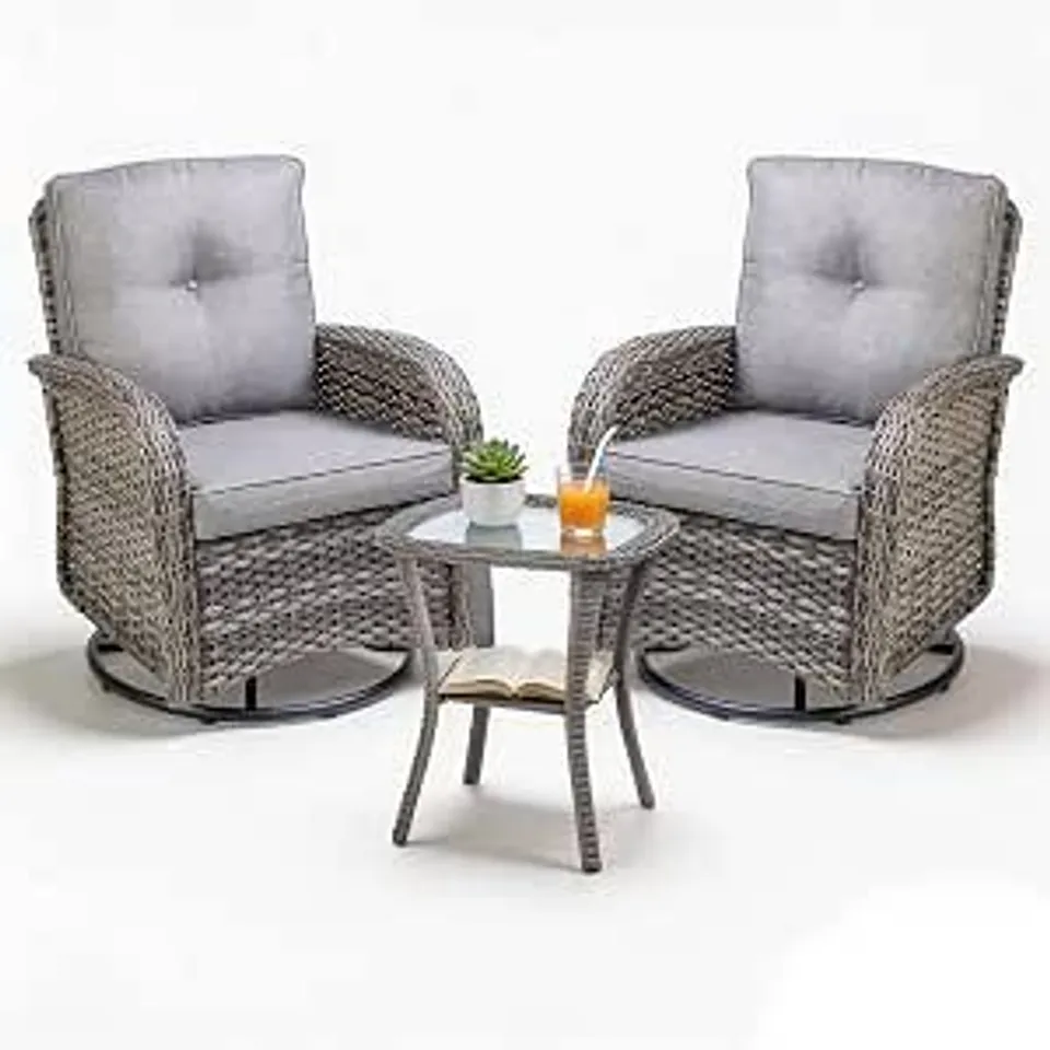 BOXED BIRCHTREE 3 PIECE RATTAN GARDEN FURNITURE SET, 2 SWIVEL ARMCHAIRS WITH MATCHING TABLE, OUTDOOR PATIO SEATING SET WITH CUSHIONS, WEATHER-RESISTANT WICKER GARDEN CHAIRS SET, GREY