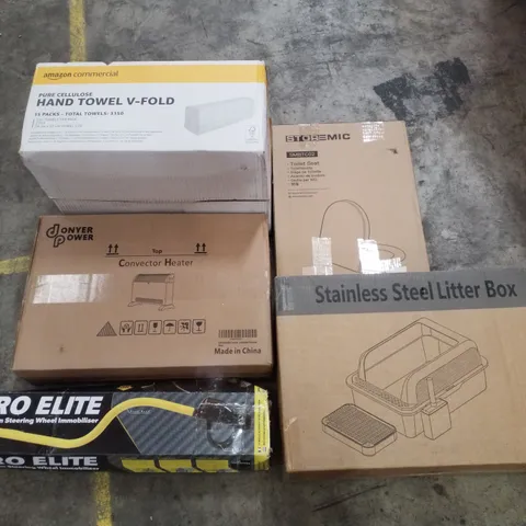 PALLET CONTAINING ASSORTED PRODUCTS INCLUDING STAINLESS STEEL LITTER BOX, TOILET SEAT, STEERING WHEEL IMMOBILISER, CONVECTOR HEATER & HAND TOWEL V-FOLD
