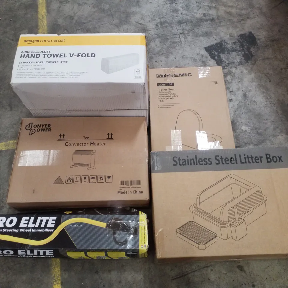 PALLET CONTAINING ASSORTED PRODUCTS INCLUDING STAINLESS STEEL LITTER BOX, TOILET SEAT, STEERING WHEEL IMMOBILISER, CONVECTOR HEATER & HAND TOWEL V-FOLD