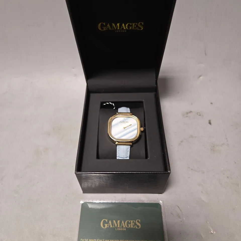 BOXED GAMAGES LADIES MIRROR WATCH IN GOLD GREEN