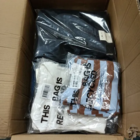 BOX OF APPROXIMATELY 20 ASSORTED CLOTHING ITEMS IN VARIOUS STYLES , COLOURS AND SIZES 