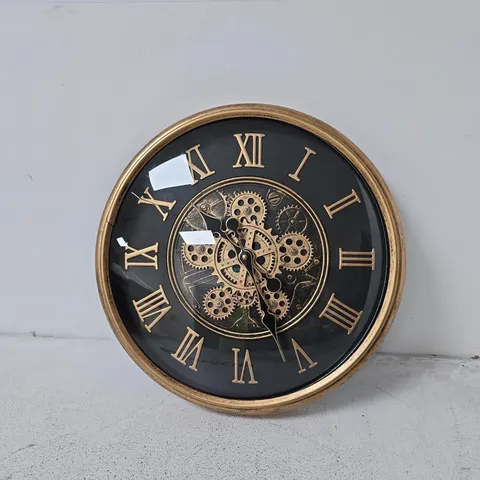DECORATIVE SKELETON GEAR WALL CLOCK – BRASS TONE, ROUND - SLIGHT DAMAGE TO CASING