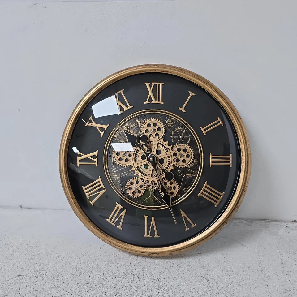 DECORATIVE SKELETON GEAR WALL CLOCK – BRASS TONE, ROUND - SLIGHT DAMAGE TO CASING