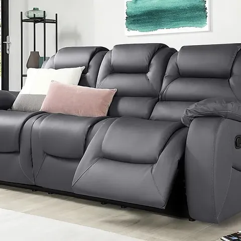 BOXED VANCOUVER GREY FAUX LEATHER MANUAL RECLINER 3 SEATER SOFA 