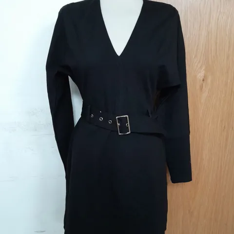 KAREN MILLEN V NECK BELTED PONTE JERSEY MINI DRESS IN BLACK SIZE S