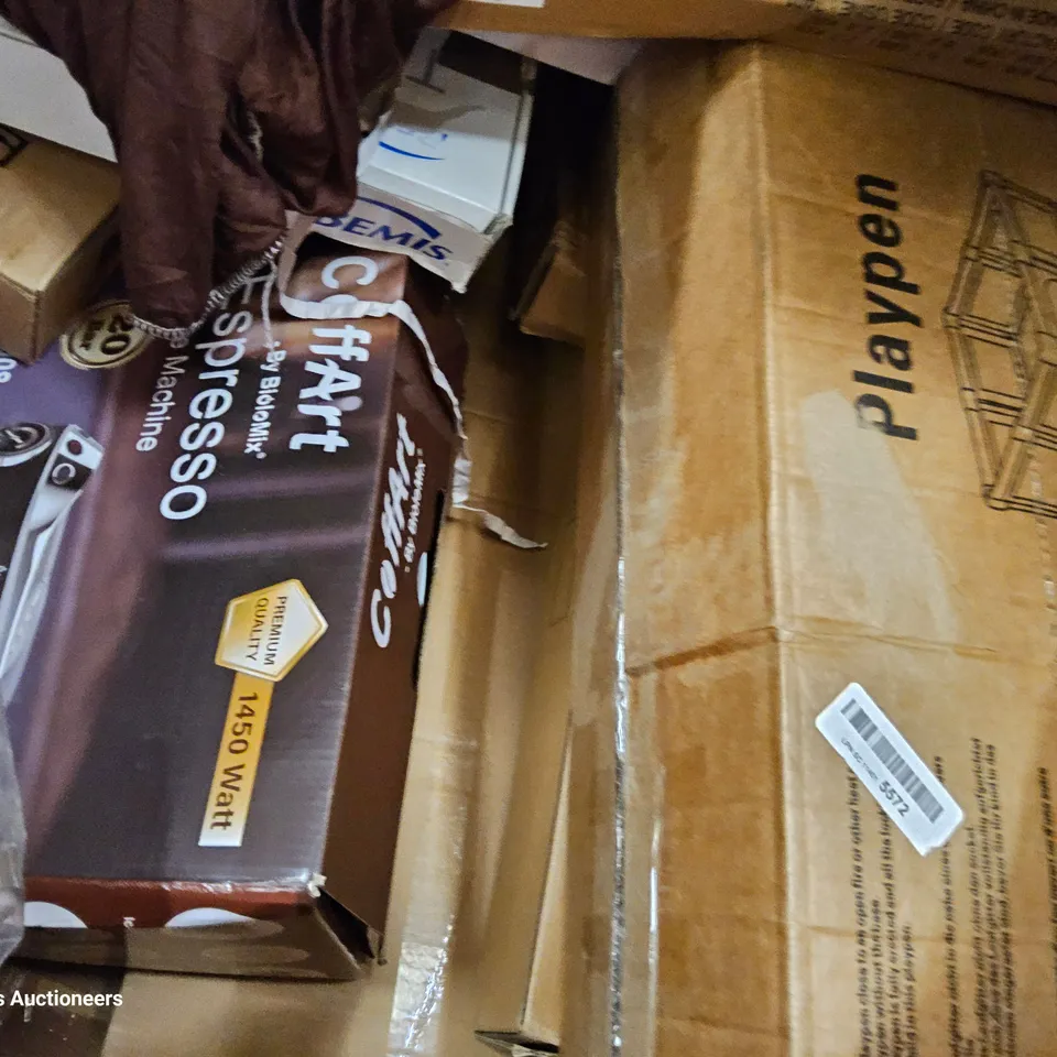 PALLET OF ASSORTED ITEMS TO INCLUDE, SMART CEILING FAN, ROLLER BLIND, 0LAYPEN, COFFEE MACHINE, CHARCOAL SMOKER GRILL, PET BED.