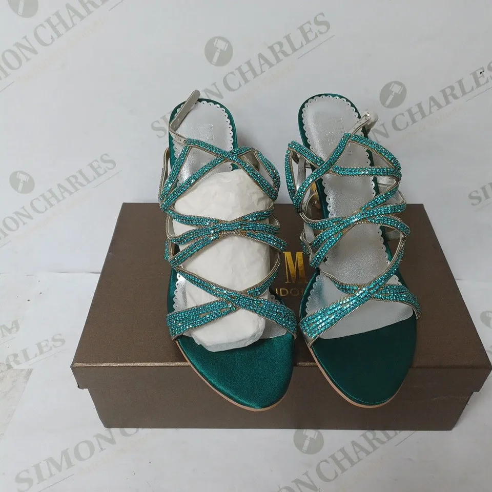 BOXED PAIR OF GEMZ LONDON HEELED STRAPPY SANDALS IN GREEN SIZE 41