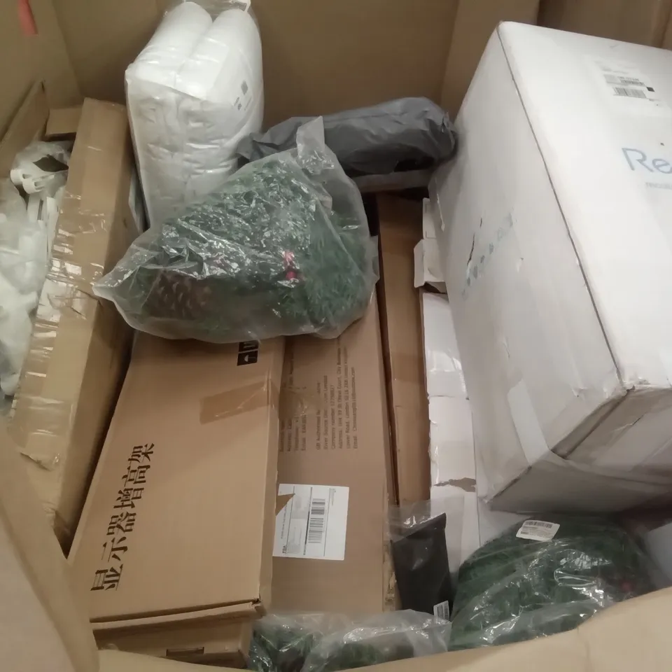 PALLET OF ASSORTED ITEMS INCLUDING ELECTRIC HEATER, VERBALISES HARDWOOD LARGE PLANTER, ADJUSTABLE SPEED BAG PLATFORM, JAJALUYA OFFICE CHAIR, ARTIFICAL ROSES, UMBRELLA