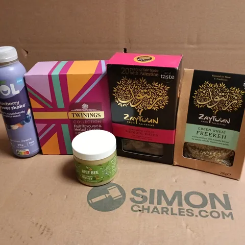 APPROXIMATELY 15 ASSORTED FOOD AND DRINK ITEMS TO INCLUDE - TWININGS HERBAL TEABAGS, JUST BEE HONEY AND BOL BLUEBERRY POWER SHAKE