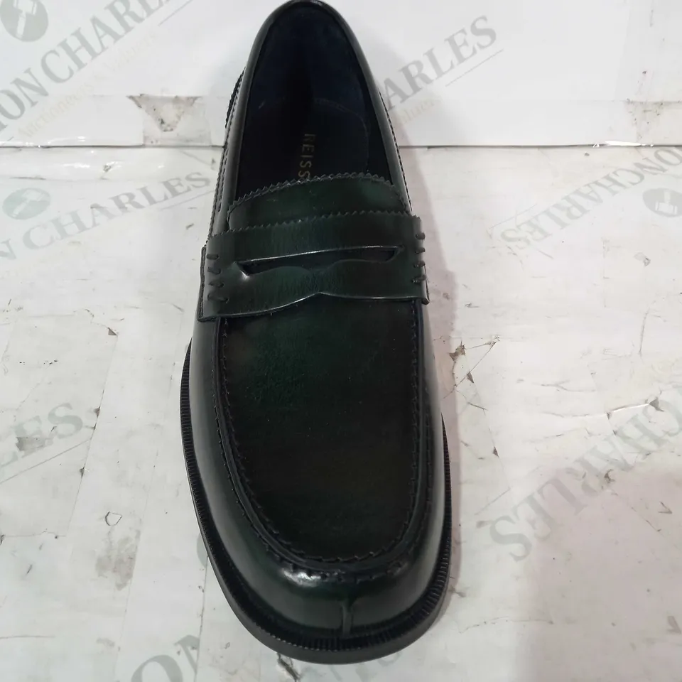BOXED PAIR OF REISS LEATHER LOAFERS IN DARK GREEN UK SIZE 10