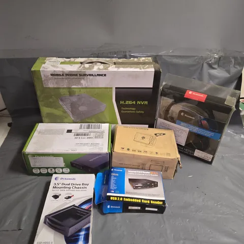 APPROXIMATELY 12 ASSORTED ITEMS TO INCLUDE H.264 NVR, BLUETOOTH HEADSET, 3.5" DUAL DRIVE BAY MOUNTING CHASSIS, ETC