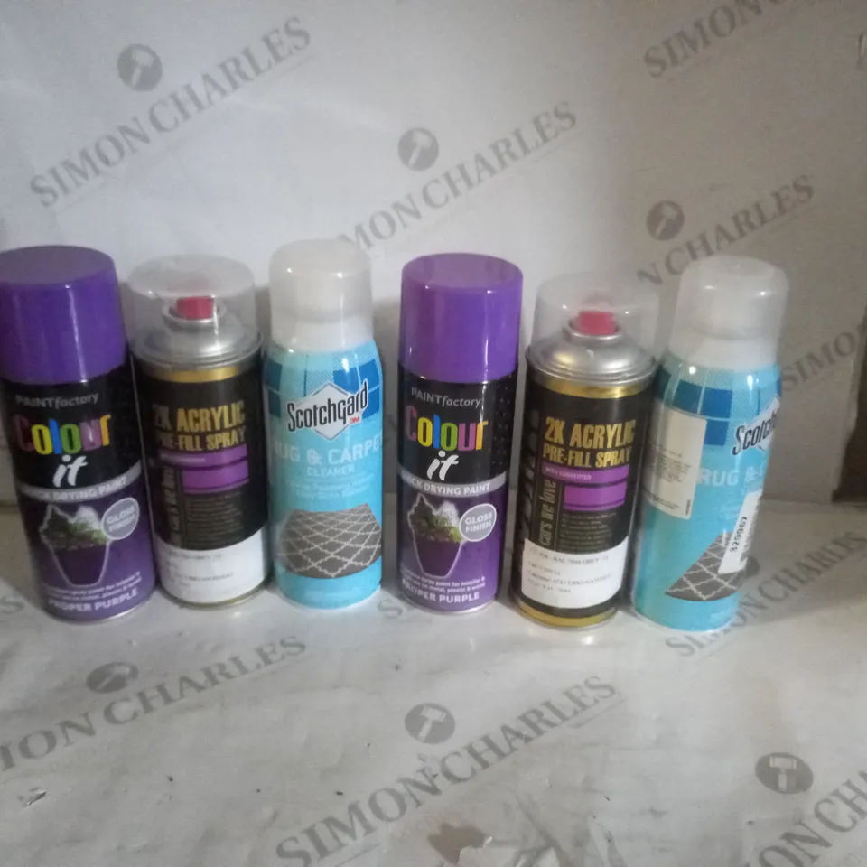 APPROXIMATELY 10 ASSORTED AEROSOLS INCLUDING MOBIHEL 2K ACRYLIC PRE-FILL SPRAY, SCOTCHGARD RUG AND CARPET CLEANER AND PAINT FACTORY COLOUR IT - COLLECTION ONLY